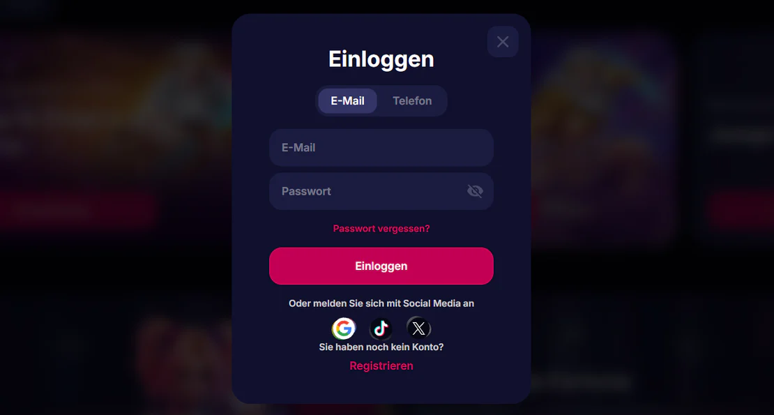 NV Casino fenêtre de connexion avec e-mail, téléphone, mot de passe et options Google, TikTok et X